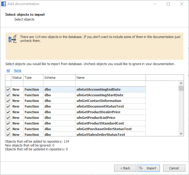 Selecting objects to import