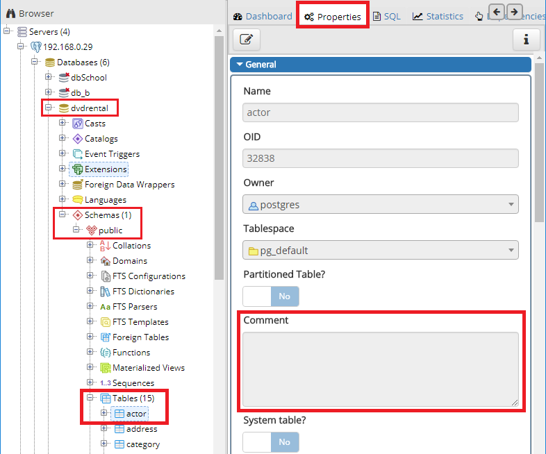 How to view and edit table and column comments with in PostgreSQL with