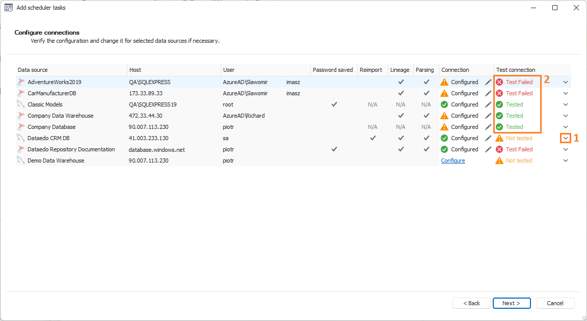 Test connection column