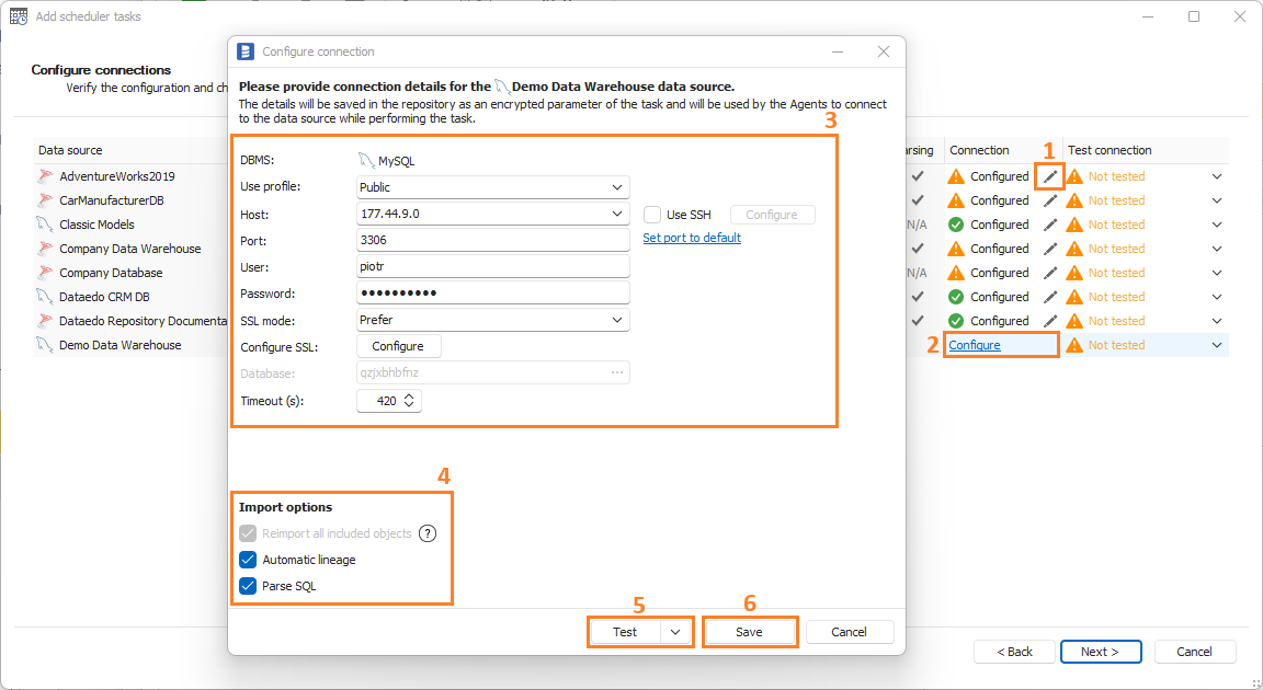 Configure connection window