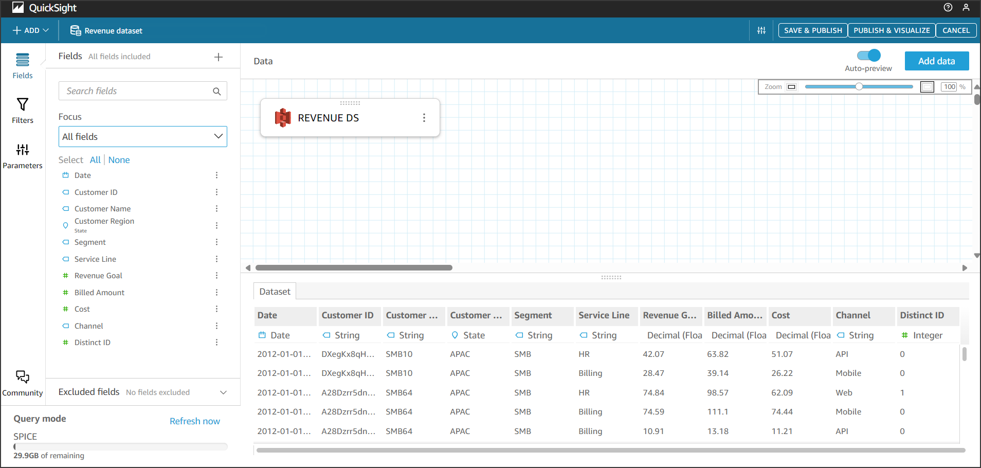 Amazon Quicksight dataset contents