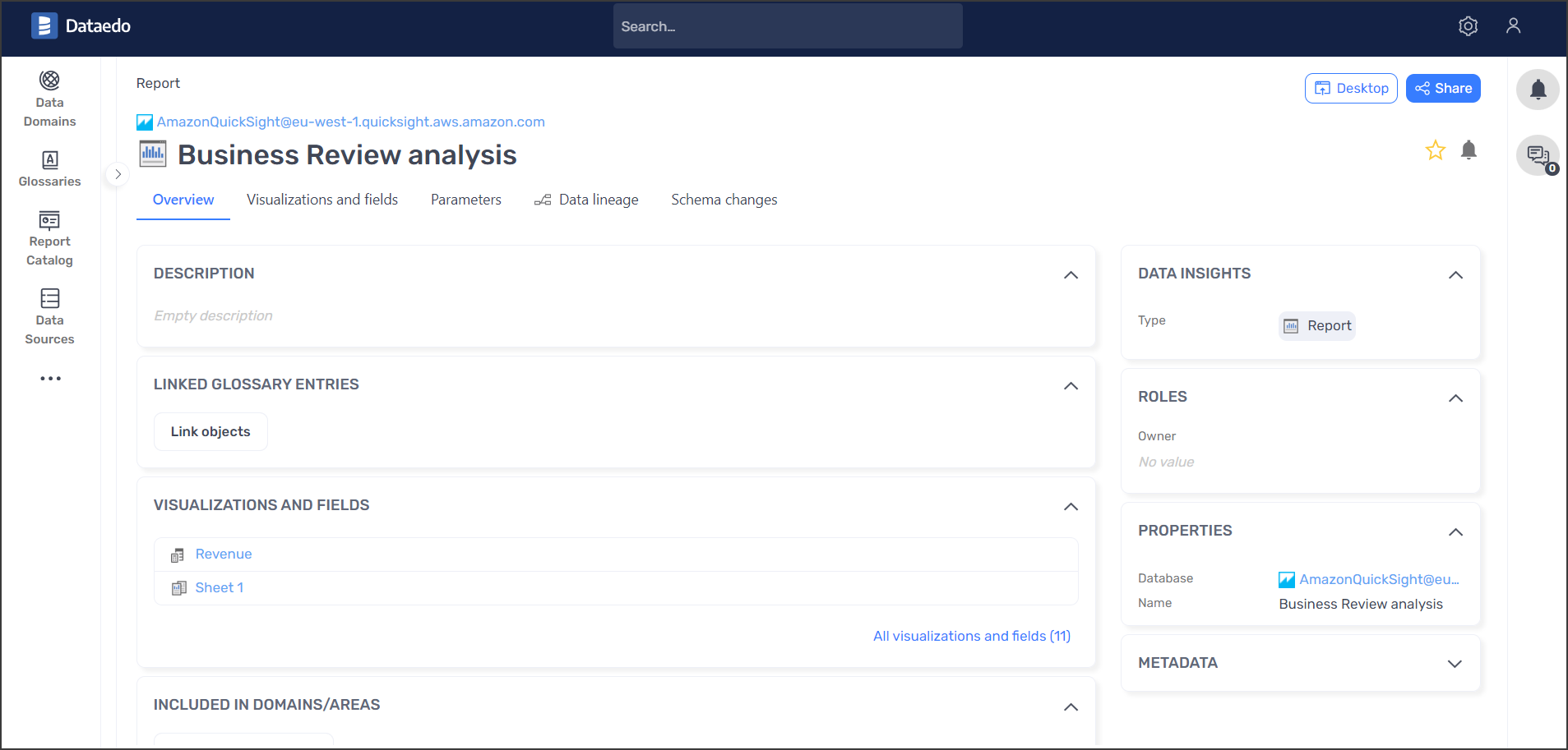 Amazon Quicksight analysis overview tab in Dataedo Portal