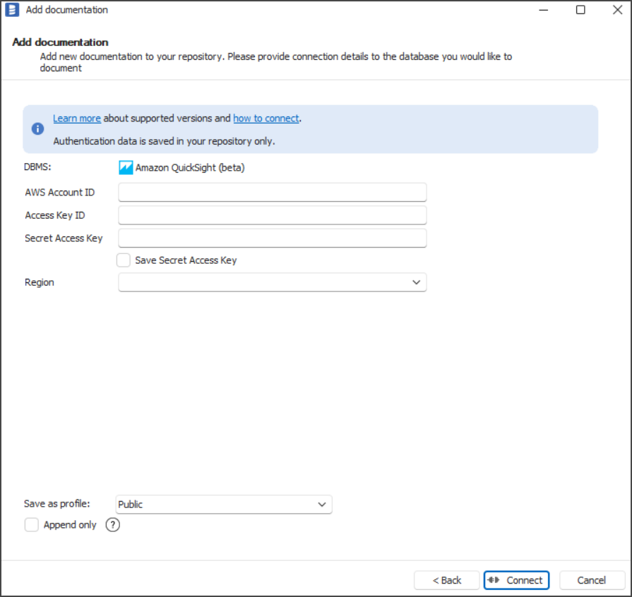 Amazon QuickSight import form in Dataedo Desktop