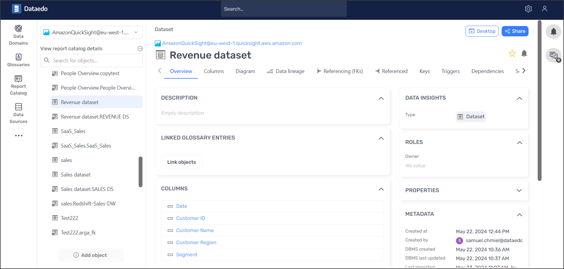 Amazon Quicksight dataset overview tab in Dataedo Portal