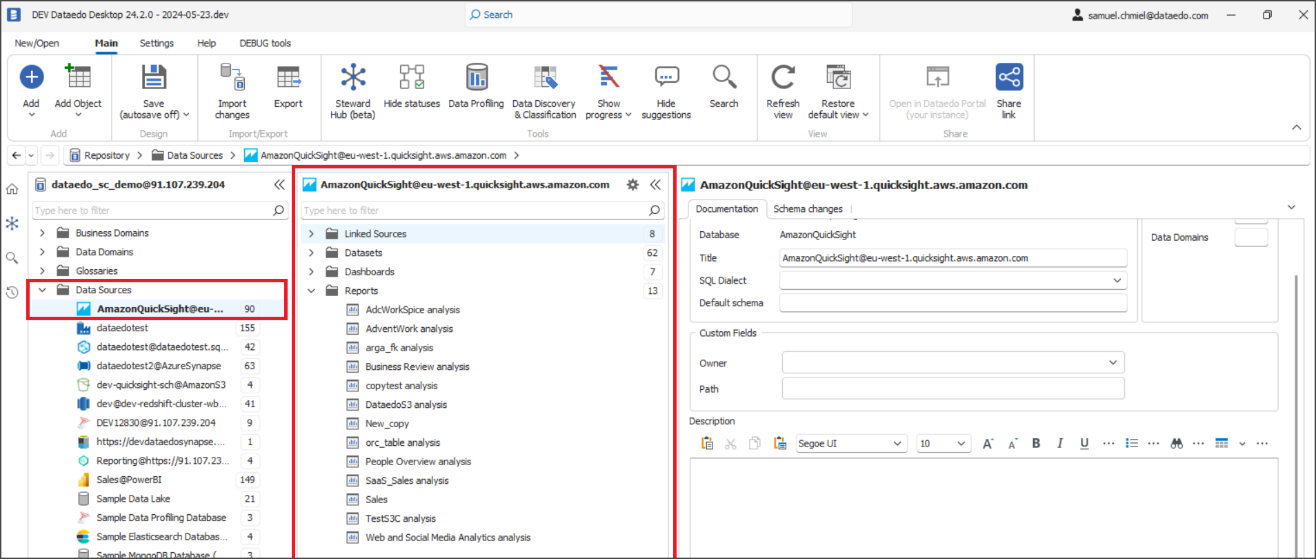 Imported Amazon QuickSight into Dataedo Desktop