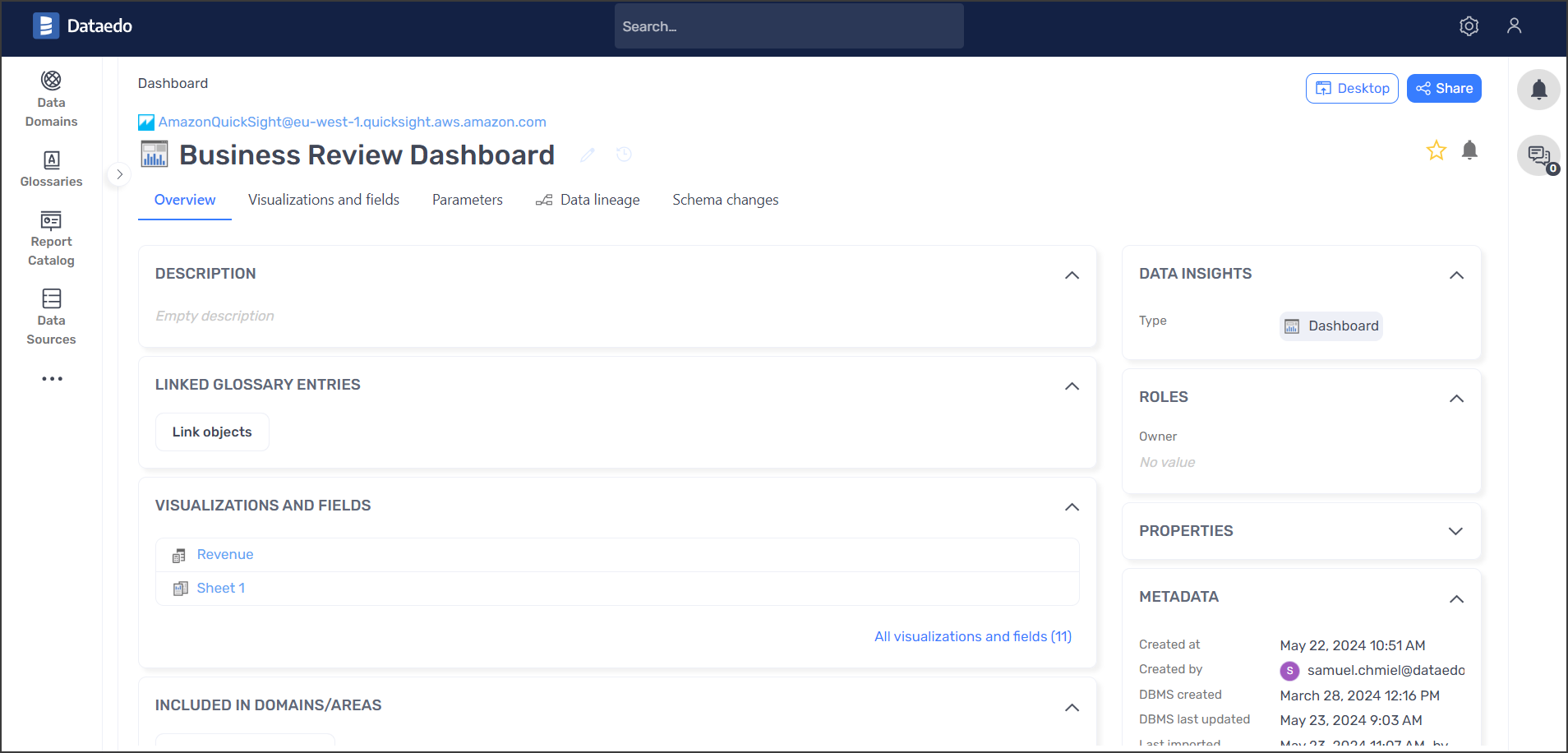 Amazon Quicksight dashboard overview tab in Dataedo Portal