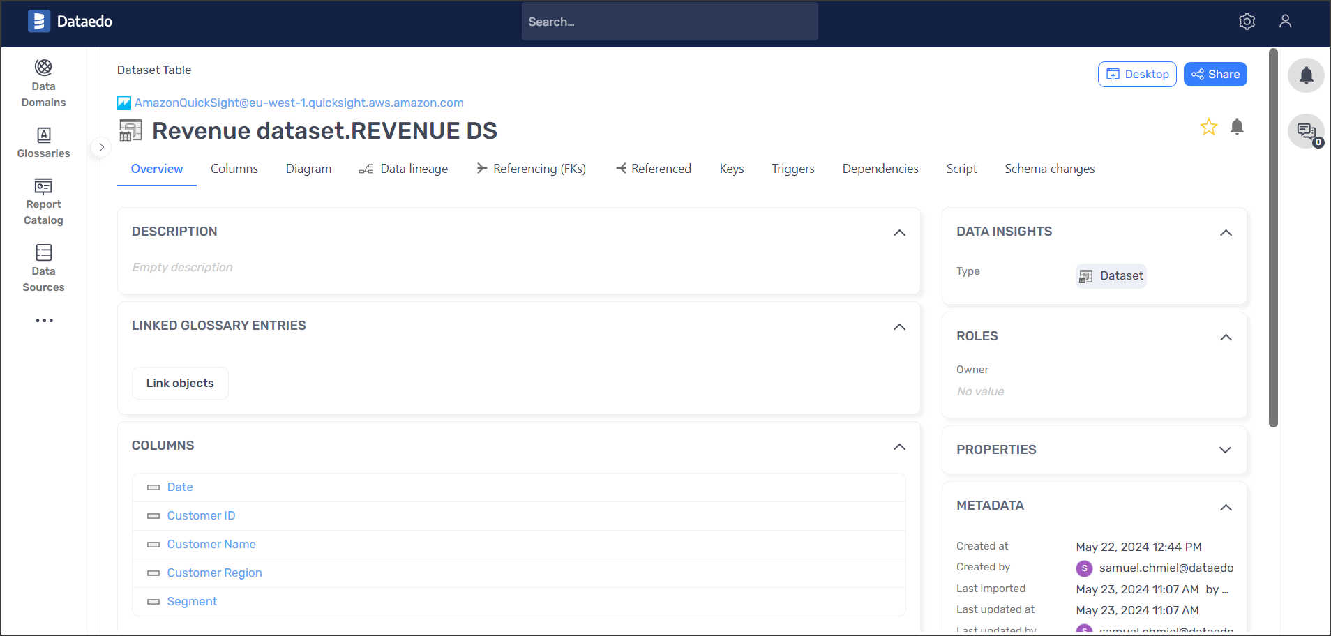 Amazon Quicksight dataset table overview tab in Dataedo Portal