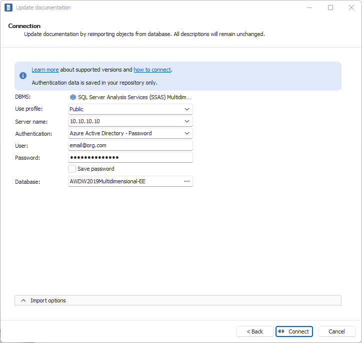 SSAS Tabular connection form