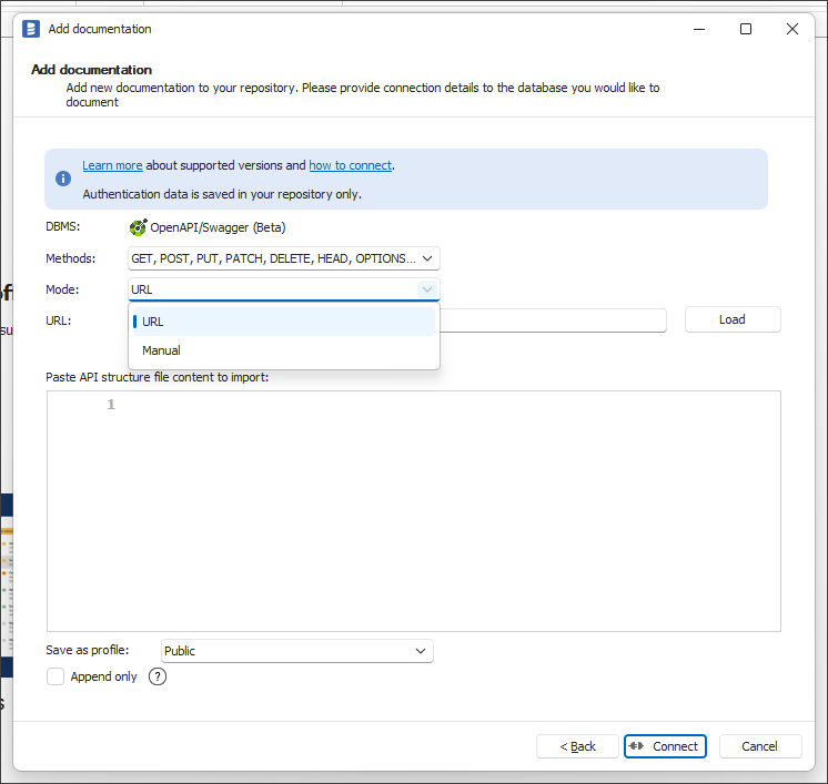 Selecting the mode of import