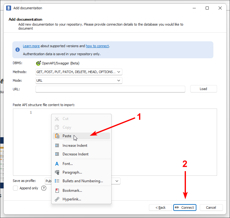 Pasting the OpenAPI document