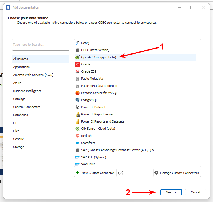 Selecting OpenAPI/Swagger connector.