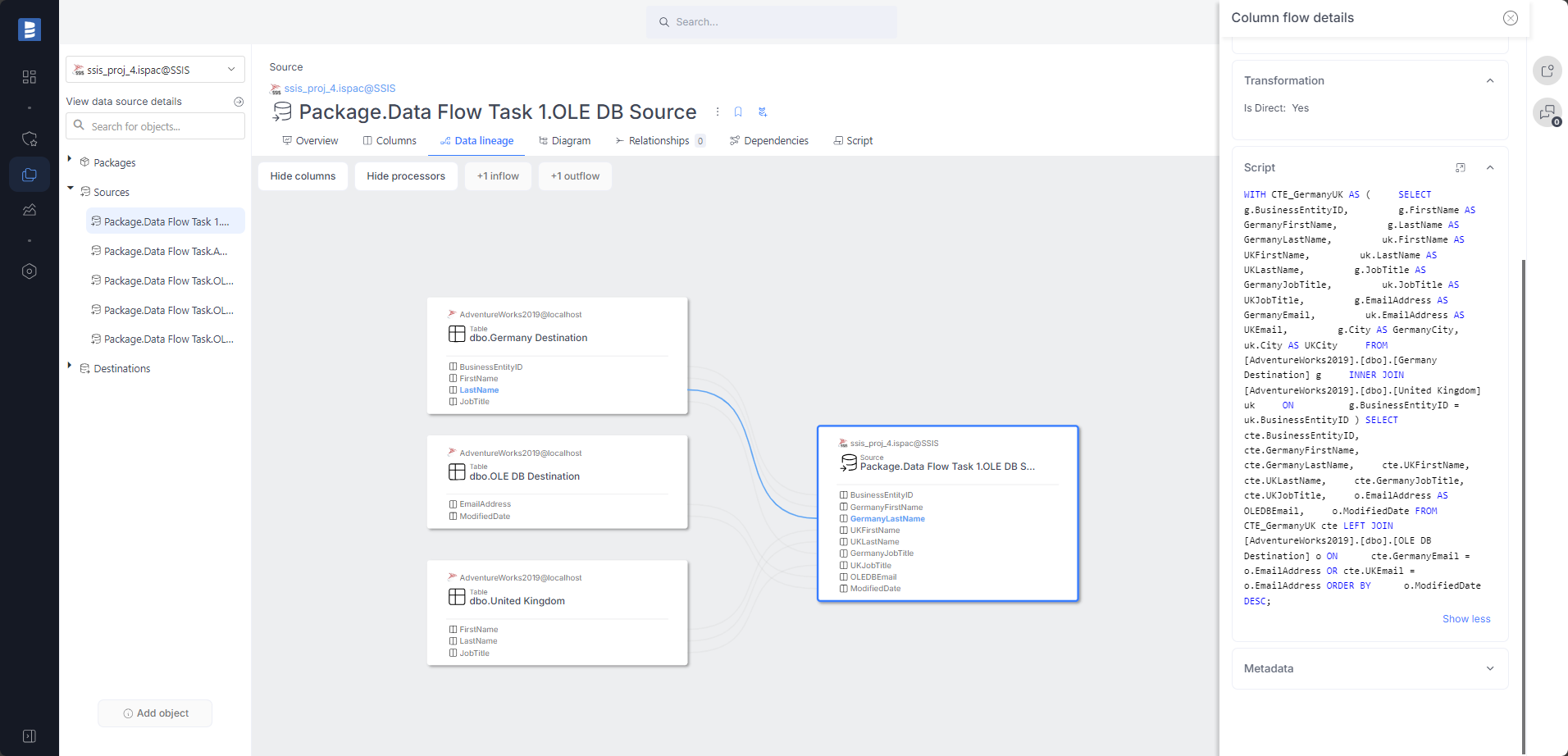 SSIS data lineage for sources created from SQL queries