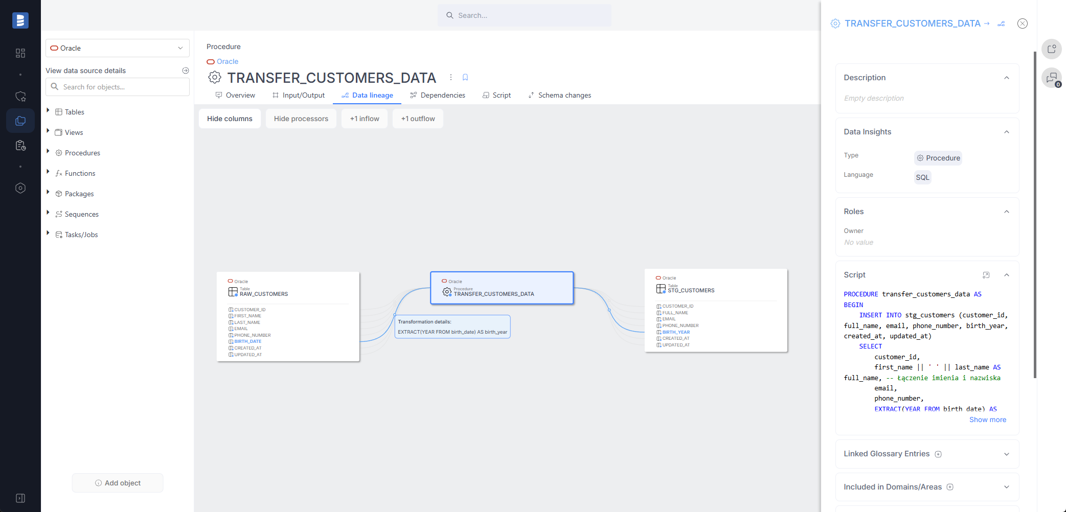 Oracle procedures data lineage